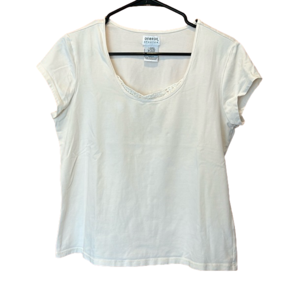 George Stretch Women’s White Scoop Neck T-Shirt with Lace Size Large